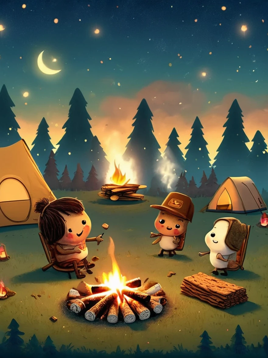 A vibrant, animated scene set in a camping ground under a star-studded night sky. In the middle of the site, there is a glowing bonfire with logs sitting in a stack nearby. Dancing around this fire are adorable little characters that greatly resemble smores, having marshmallow bodies, chocolate hair and graham cracker clothing. These cartoonish smores are engaged in various camping activities. Some are playfully chasing each other, some are sitting and telling humorous stories, while others are engaging in a game of tag. The whole area is lit by the flickering glow of the fire, which adds warmth and coziness to the whimsical scene.