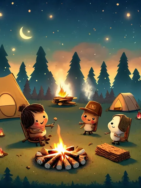 A vibrant, animated scene set in a camping ground under a star-studded night sky. In the middle of the site, there is a glowing ...