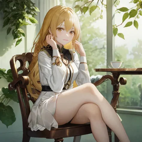 anime girl sitting on a chair in front of a window, blonde anime girl with long hair, cushart krenz key art feminine, smooth ani...