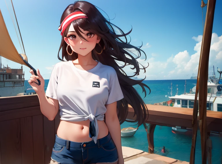 ((masterpiece, best quality, high resolution, UHD, pixel perfect, depth of field, 8k, RTX, HDR)), 1 girl, girl stile anime, cowboy shot, BREAK, very long hair, (brown skin), brown eyes, well defined eyes, high definition eyes, eyelashes and black shadow under the eyes, high gloss eyes, blushing, wearing a gold hoop in one ear, wearing a short-sleeved white t-shirt, tied t-shirt, visible navel, BREAK, medium breasts, wearing jean shorts, a red bandana tied on her head, letting her hair come out at the edges, with a tattoo on one leg, BREAK, standing with a mop in her hand, next to a bucket of water, on the deck of a 17th century galleon.