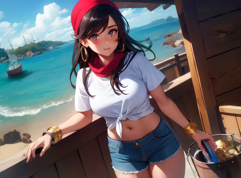 ((masterpiece, best quality, high resolution, UHD, pixel perfect, depth of field, 8k, RTX, HDR)), 1 girl, girl stile anime, cowboy shot, BREAK, very long hair, (dark skin), brown eyes, well defined eyes, high definition eyes, eyelashes and black shadow under the eyes, high gloss eyes, face blushing, wearing a gold hoop in one ear, Gold bracelets, wearing a short-sleeved white t-shirt, tied t-shirt, visible navel, BREAK, medium breasts, wearing jean shorts, a red bandana tied on her head, letting her hair come out at the edges, with a tattoo on one leg, BREAK, standing with a mop in her hand, next to a bucket of water, on the deck of a 17th century galleon.