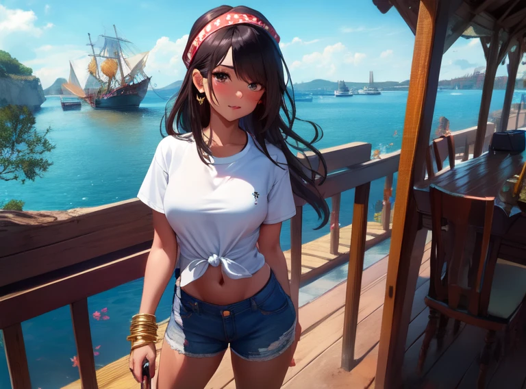 ((masterpiece, best quality, high resolution, UHD, pixel perfect, depth of field, 8k, RTX, HDR)), 1 girl, girl stile anime, cowboy shot, BREAK, very long hair, (dark skin), brown eyes, well defined eyes, high definition eyes, eyelashes and black shadow under the eyes, high gloss eyes, face blushing, wearing a gold hoop in one ear, Gold bracelets, wearing a short-sleeved white t-shirt, tied t-shirt, visible navel, BREAK, medium breasts, wearing jean shorts, a red bandana tied on her head, letting her hair come out at the edges, with a tattoo on one leg, BREAK, standing with a mop in her hand, next to a bucket of water, on the deck of a 17th century galleon.