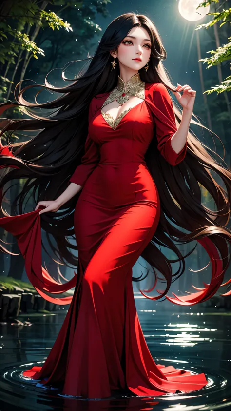 Beautiful black-haired girl with brown eyes and long hair in elegant red dress with water element light orb in a night forest un...