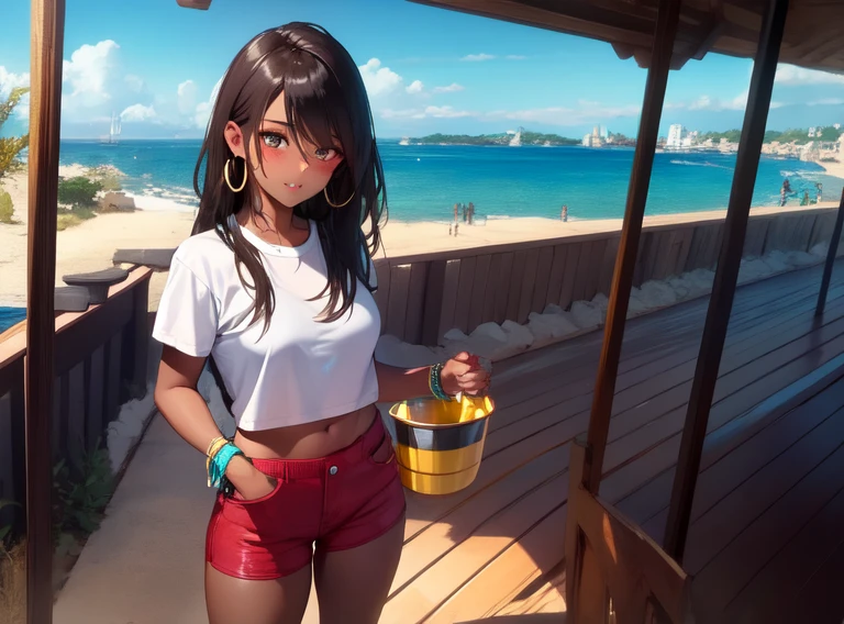 ((masterpiece, best quality, high resolution, UHD, pixel perfect, depth of field, 8k, RTX, HDR)), 1 girl, girl stile anime, cowboy shot, BREAK, very long hair, (dark skin), brown eyes, well defined eyes, high definition eyes, eyelashes and black shadow under the eyes, high gloss eyes, face blushing, wearing a gold hoop in one ear, Gold bracelets, wearing a short-sleeved white t-shirt, tied t-shirt, visible navel, BREAK, medium breasts, wearing jean shorts, a red bandana tied on her head, letting her hair come out at the edges, with a tattoo on one leg, BREAK, standing with a mop in her hand, next to a bucket of water, on the deck of a 17th century galleon, sea in the background.