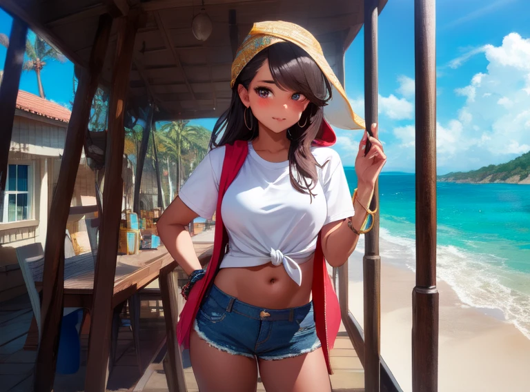 ((masterpiece, best quality, high resolution, UHD, pixel perfect, depth of field, 8k, RTX, HDR)), 1 girl, girl stile anime, cowboy shot, BREAK, very long hair, (dark skin), brown eyes, well defined eyes, high definition eyes, eyelashes and black shadow under the eyes, high gloss eyes, face blushing, wearing a gold hoop in one ear, Gold bracelets, wearing a short-sleeved white t-shirt, tied t-shirt, visible navel, BREAK, medium breasts, wearing jean shorts, a red bandana tied on her head, letting her hair come out at the edges, with a tattoo on one leg, BREAK, standing with a mop in her hand, next to a bucket of water, on the deck of a 17th century galleon, sea in the background.