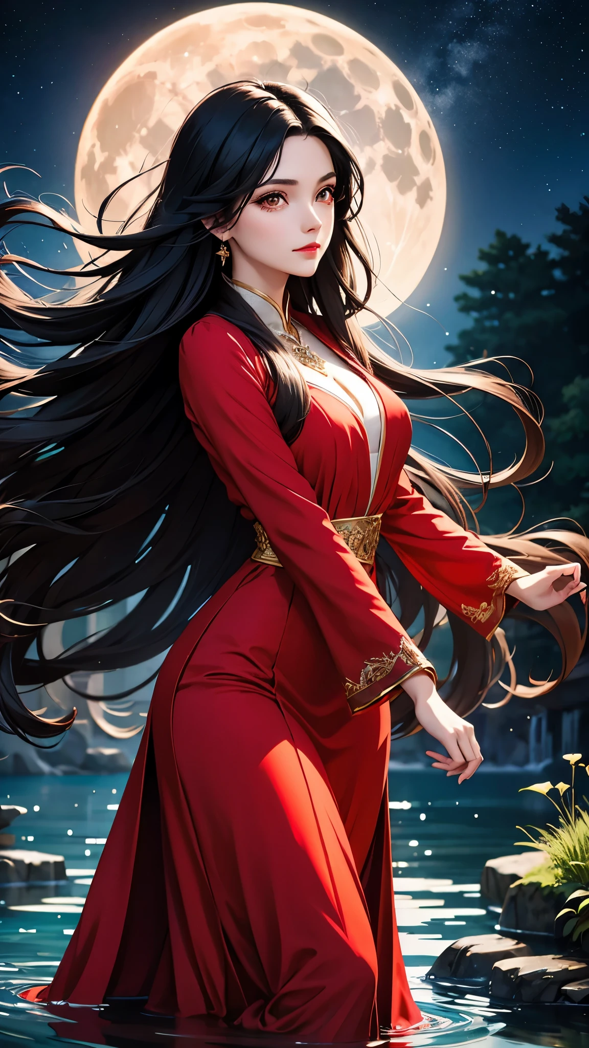 Belle fille aux cheveux noirs aux yeux bruns et aux cheveux longs en élégante robe rouge avec orbe lumineux élément eau dans une forêt nocturne sous la lumière de la lune et des étoiles 