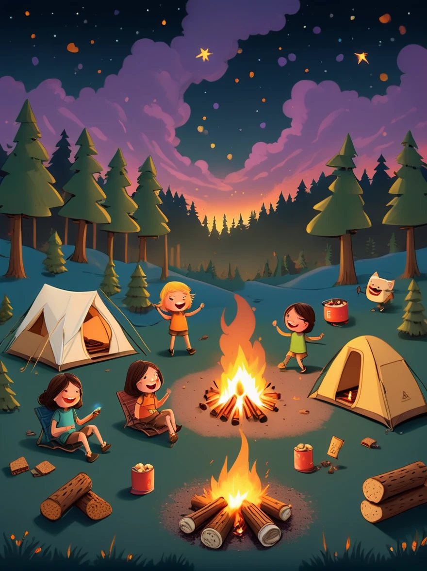 A vibrant, animated scene set in a camping ground under a star-studded night sky. In the middle of the site, there is a glowing bonfire with logs sitting in a stack nearby. Dancing around this fire are adorable little characters that greatly resemble smores, having marshmallow bodies, chocolate hair and graham cracker clothing. These cartoonish smores are engaged in various camping activities. Some are playfully chasing each other, some are sitting and telling humorous stories, while others are engaging in a game of tag. The whole area is lit by the flickering glow of the fire, which adds warmth and coziness to the whimsical scene.