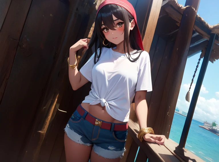 ((masterpiece, best quality, high resolution, UHD, pixel perfect, depth of field, 8k, RTX, HDR)), 1 girl, girl stile anime, cowboy shot, BREAK, very long hair, (dark skin), brown eyes, well defined eyes, high definition eyes, eyelashes and black shadow under the eyes, high gloss eyes, face blushing, wearing a gold hoop in one ear, Gold bracelets, wearing a short-sleeved white t-shirt, tied t-shirt, visible navel, BREAK, medium breasts, wearing worn and broken jean shorts, a red bandana tied on her head, letting her hair come out at the edges, with a tattoo on one leg, BREAK, standing with a mop in her hand, next to a bucket of water, on the deck of a 17th century galleon, sea in the background.