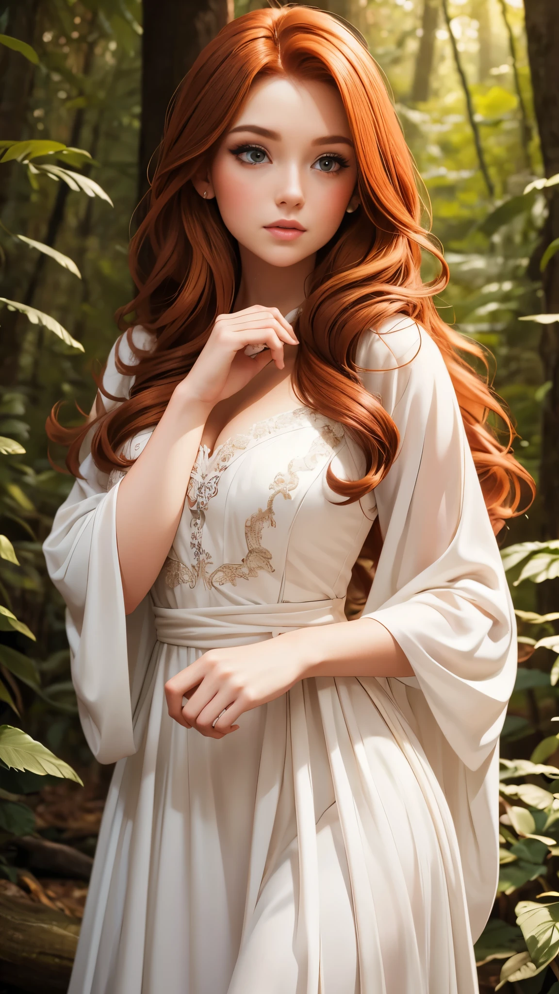 Beautiful redhead girl with brown eyes and long hair in elegant white dress in a cabin in the forest daring photo shoot super cute and detailed hands 