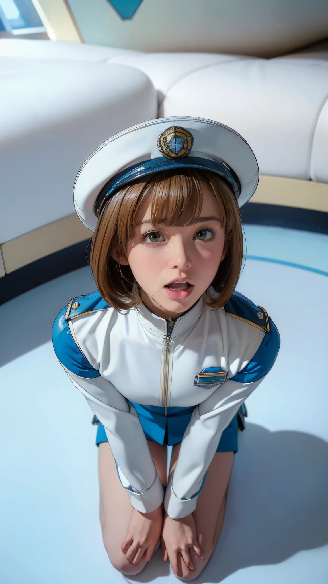 (((masterpiece,highest quality,In 8K,Very detailed,High resolution,Anime Style,absolutely))),(A female Earth Federation officer kneels:1.5),(alone:1.5), (Wearing the uniform of the Earth Federation Forces, white and blue military uniform:1.5),(Worn by federal government employees&#39;White Hat:1.5),(Cute type of girl:1.4),(Detailed facial depiction:1.4),(Beautiful Hands:1.4),(Beautiful Hands:1.2),(wallpaper:1.5),(whole body:1.5),((overlook:1.5)), ((15-year-old girl, Clothes that look good)), (Inside the spaceship, Outside is a space), (Superior, Open your mouth wide),(((Short Bob, whole body像, facial, semen, From above)))