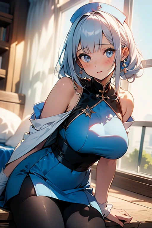 anime,1girl,pov,masterpiece,high quality,High resolution,HD,4K,8K,viscous paint,photo realistic,white hair,(Blue clothe:1.5),Nurse,(Ao Dai:1.2),Cape,(open shoulders:1.4),underbust,(breastshaping:1.2),(boob shaped clothes:1.3),mini tight Skirt,Clothes full of gaps,Leaning forward,nursing,(num:1.4),Veil,(pantyhose:1.1)