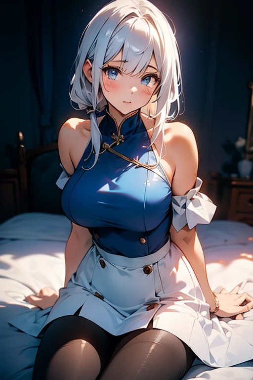 anime,1girl,pov,masterpiece,high quality,High resolution,HD,4K,8K,viscous paint,photo realistic,white hair,(Blue clothe:1.5),Nurse,(Ao Dai:1.2),Cape,(open shoulders:1.4),underbust,(breastshaping:1.2),(boob shaped clothes:1.3),mini tight Skirt,Clothes full of gaps,Leaning forward,nursing,(num:1.4),Veil,(pantyhose:1.1)