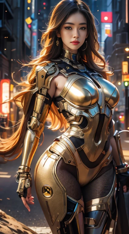 Virtual image,Realistic 8K images,hips up,Masterpiece,Complete Anatomy,Complete dynamic composition,morning sun,Light hits the front,young woman with long brown hair,cybernetic robot,Bikini body - white_orange_gold_metal,,white tank top,Abstract city background at night
