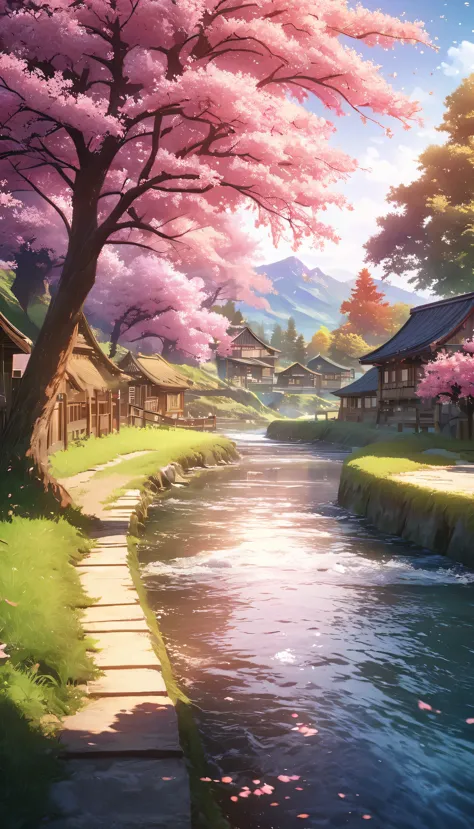 draw a river and a small village, anime beautiful peaceful scene, very beautiful scenery, landscape artwork, landscape art detai...