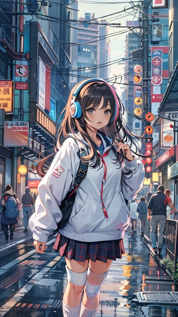 (masterpiece), (highest quality:1.4), (Ultra-high resolution:1.2),  Highly detailed background, (unity 8k wallpaper), Cute high school girl wearing headphones walking through the streets of Tokyo。Illustrations inspired by city pop culture、、Wear loose socks for a stylish and nostalgic look、Display one subject without splitting the screen、17 years old、tall、evening、night