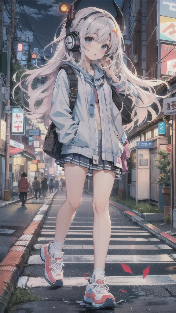 (masterpiece), (highest quality:1.4), (Ultra-high resolution:1.2),  Highly detailed background, (unity 8k wallpaper), Cute high school girl wearing headphones walking through the streets of Tokyo。Illustrations inspired by city pop culture、、Wear loose socks for a stylish and nostalgic look、Display one subject without splitting the screen、17 years old、tall、evening、night