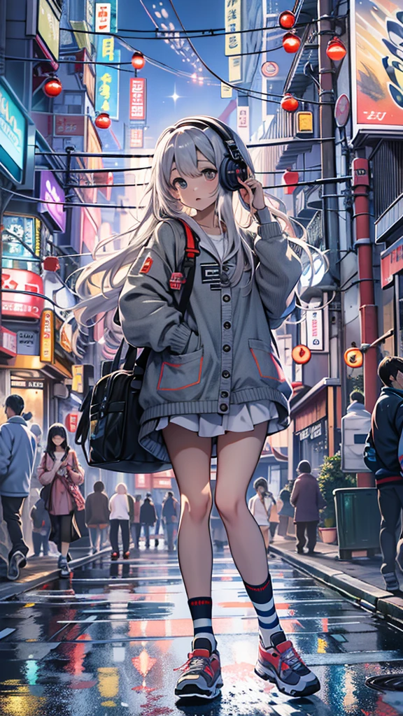 (masterpiece), (highest quality:1.4), (Ultra-high resolution:1.2),  Highly detailed background, (unity 8k wallpaper), Cute high school girl wearing headphones walking through the streets of Tokyo。Illustrations inspired by city pop culture、、Wear loose socks for a stylish and nostalgic look、Display one subject without splitting the screen、17 years old、tall、evening、night