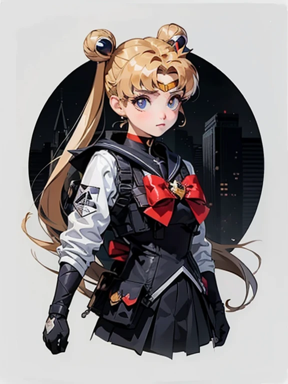 ((sticker-style illustration for print with 1girl, minimalism,)) simple background, clean:0.9, lineart, vector, tsukino usagi, batgirl, sailor moon, action pose, moonlight. 8k, white background:1.6, circle frame, urban samurai, techwear jacket, tactical vest, with buckle and tape