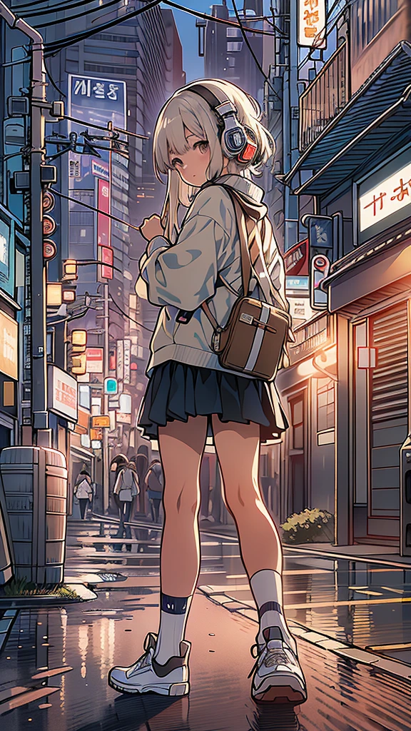 (masterpiece), (highest quality:1.4), (Ultra-high resolution:1.2),  Highly detailed background, (unity 8k wallpaper), Cute high school girl wearing headphones walking through the streets of Tokyo。Illustrations inspired by city pop culture、、Wear loose socks for a stylish and nostalgic look、Display one subject without splitting the screen、17 years old、tall、evening、night、Background sepia