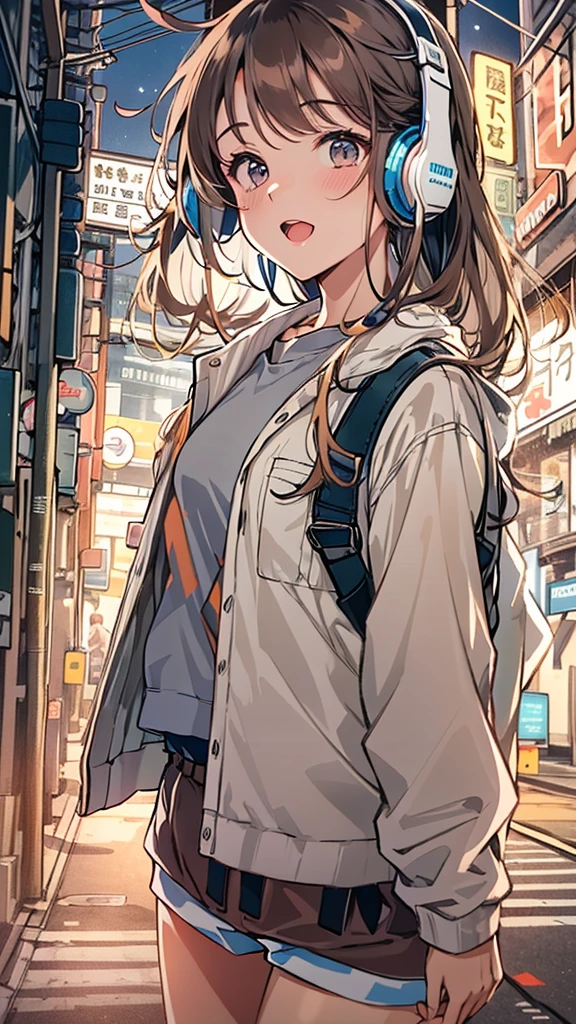 (masterpiece), (highest quality:1.4), (Ultra-high resolution:1.2),  Highly detailed background, (unity 8k wallpaper), Cute high school girl wearing headphones walking through the streets of Tokyo。Illustrations inspired by city pop culture、、Wear loose socks for a stylish and nostalgic look、Display one subject without splitting the screen、17 years old、tall、evening、night、Background sepia