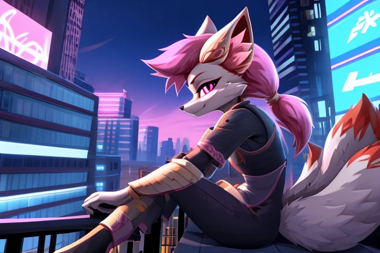 kimiko, furry female anthro, fox girl, white body fur, Pink hair, multiple tails, multi tail, solo, body fur, (best quality), cinematic lighting, anime style, short ponytail, scar on the eye, 2D, detailed background, detailed background, best quality, ultra detail, good lighting, solo, high quality, detailed body, detailed eyes, detailed face, masterpiece, glistening body, shiny body, detailed body fur, best quality, perfect lighting, perfect shadows, perfect eyes, perfect hair, perfect face, gorgeous body, clear sky, sitting on the roof of a skyscraper, cyber city, thoughtful, dreamy, light smile, evening, neon lights on buildings, purple blue and pink tones, urban, glowing eyes, dressed, fox clan fortnite, ordinary closed clothes, the head is slightly raised, side view of the viewer