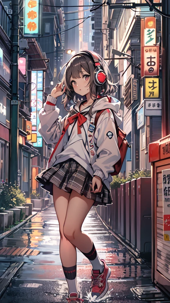 (masterpiece), (highest quality:1.4), (Ultra-high resolution:1.2),  Highly detailed background, (unity 8k wallpaper), Cute high school girl wearing headphones walking through the streets of Tokyo。Illustrations inspired by city pop culture、、Wear loose socks for a stylish and nostalgic look、Display one subject without splitting the screen、17 years old、tall、evening、night、Background sepia