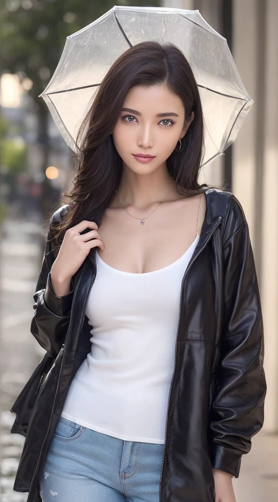 ((best quality, 8k, masterpiece:1.3)), Key Points: 1.2, Perfect body beauty: 1.4, Hips: 1.2, ((Layered Hairstyle, Chest: 1.2)), (Wet clothes: 1.1) , (rain, street:1.3), Tube Top Dress: 1.1, Highly detailed face and skin texture, Exquisite eyes, Double eyelids, Whitening of the skin, Long hair