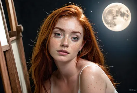 Masterpiece, Best, Night, Full Moon, woman, 24yo, red hair, freckles, artist studio