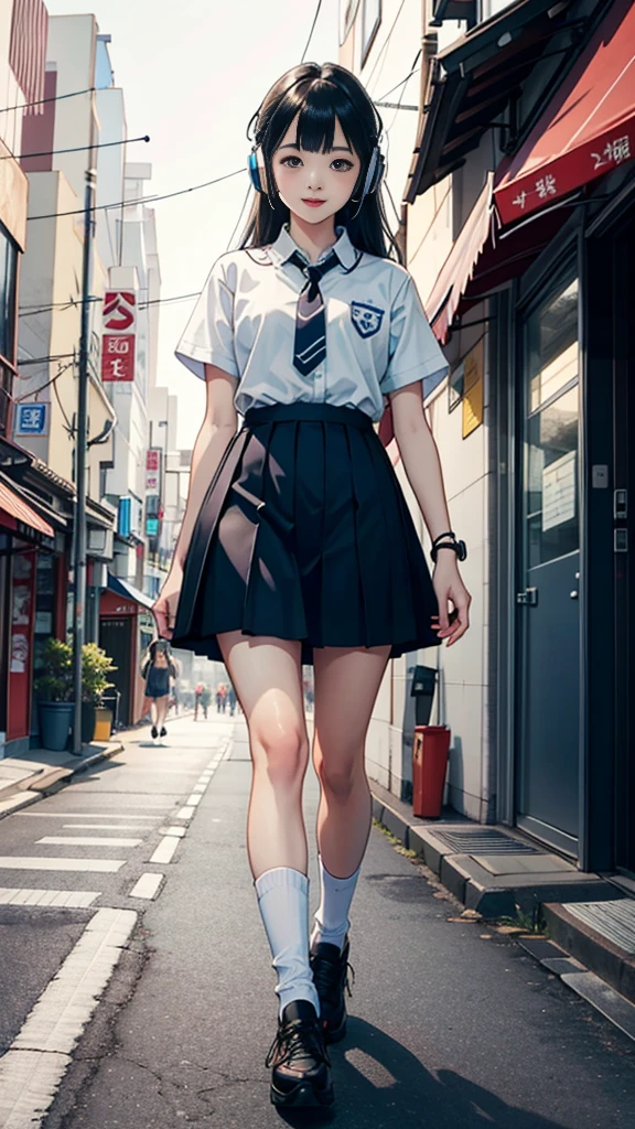 (шедевр), (высшее качество:1.4), (Сверхвысокое разрешение:1.2),  очень подробный фон, (единство 8k обои), Милая старшеклассница в наушниках гуляет по улицам Токио。Иллюстрации, вдохновленные городской поп-культурой、、Носите свободные носки, чтобы создать стильный и ностальгический образ.、Отображение одного объекта без разделения экрана、18-летний、высокий、вечер、ночь、Фон сепия、униформа、улыбка