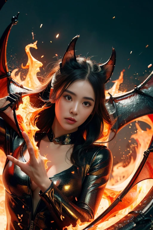 (high quality), (masterpiece), (detailed), 8K, Hyper-realistic portrayal of a futuristic (1girl1.2), Japanese character surrounded by molten magma with bats. Meticulous details capture the dynamic fusion of tradition and innovation in this visually stunning composition. Trending on Artstation.