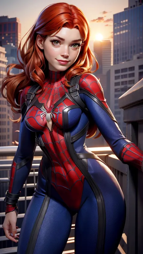 ((mary jane watson )), (((exposed breasts))), unzipped:1.2, bright eyes, smile, beautiful woman detailed defined body using spid...