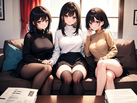 (masterpiece, top quality, high resolution, realistic photo, realistic looking skin:1.1),
(three women are sitting on an office ...