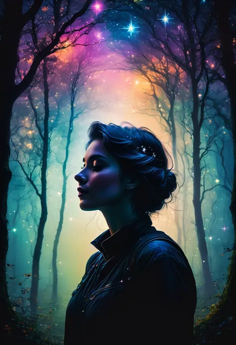 vivid colors,portrait,night scene,dark silhouette,soft warm light,dreamy ambiance,enchanting atmosphere,misty woods,stars twinkl...