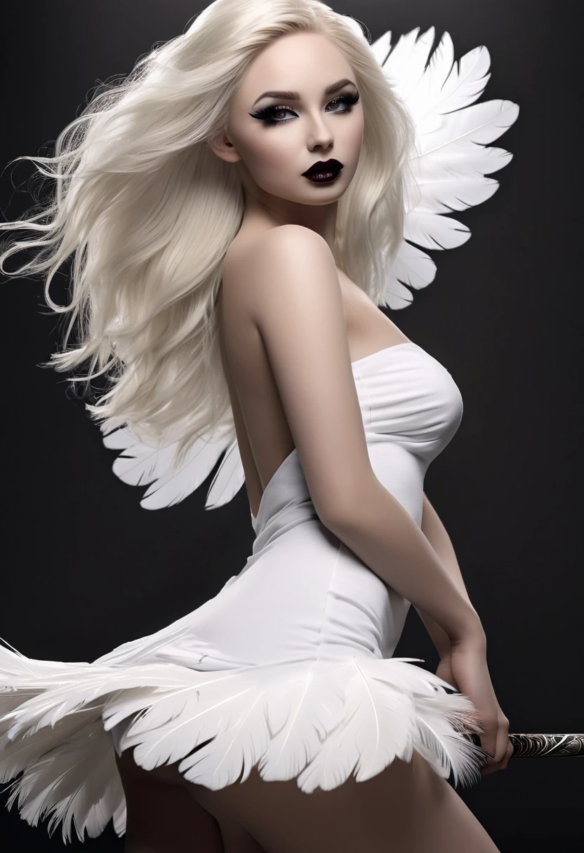 Beautyfull realistic Angle, head halo, thin curved eyebrows, long black luscious eyelashes, black eyeliner, dark eye shadow, face makeup, bark lipstick,defined black iris,detailed Florence eyes,long luscious platinum blond hair, pale skin,hour glass body, realistic (liquid dress), full size white feather wings on back, spear weapons, combat in the background, dawn,