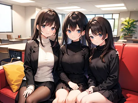 (masterpiece, top quality, high resolution, realistic photo, realistic looking skin:1.1),
(three women are sitting on an office ...