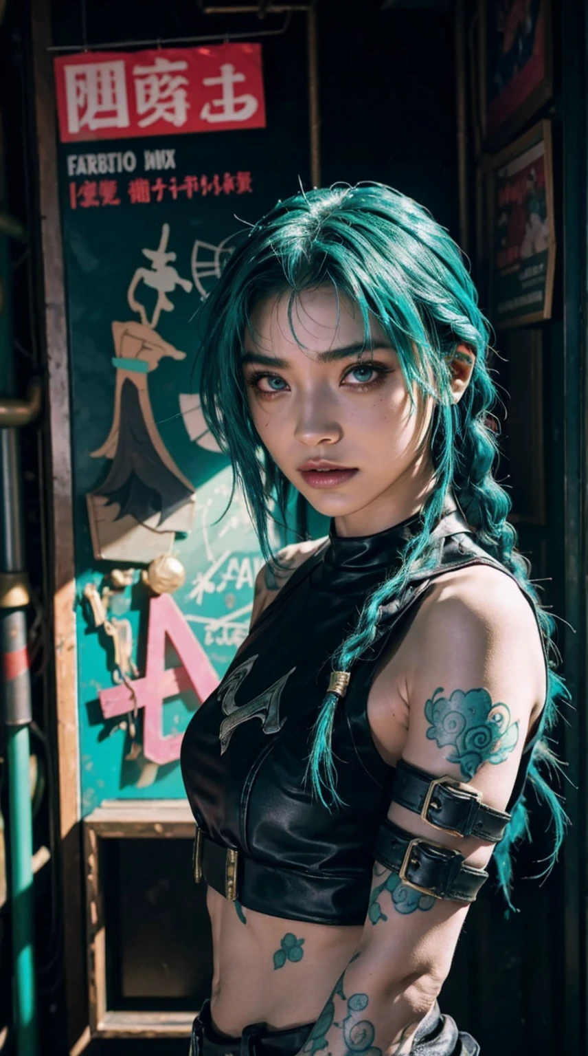 jinx arcano, uma mulher com cabelo verde e tatuagens, mulher cyberpunk mulher anime, pants, Deusa cyberpunk raivosa bonita, estilo de arte cyberpunk, arte digital de anime cyberpunk, arte de anime cyberpunk, Arcane Jinx Retrato, arte de anime cyberpunk, arte com tema cyberpunk, cyberpunk fantasia sombria, estilo arcano, 1 garota, stars tattoo on arm, asymmetrical bangs, faixa, cabelo verde, Green braids, camisa marrom, tatuagem de estrelas, lateralmente, cabelo verde, cabelo longo, olhos cor de rosa, Red lips, standing , tatuagem de nuvem, twin braids. Jinx de arcano. Garota de cabelo verde, garota de twin braids, Jinx em um lugar em chamas, Fagulha, esferas de luz, movie poster, Jinx, Arcane\(Liga das Lendas\