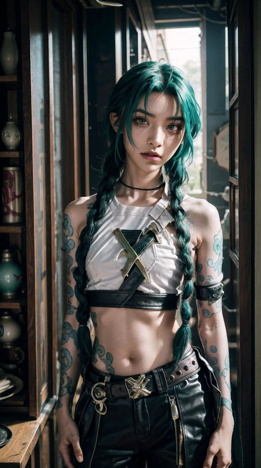 jinx arcano, uma mulher com cabelo verde e tatuagens, mulher cyberpunk mulher anime, pants, Deusa cyberpunk raivosa bonita, estilo de arte cyberpunk, arte digital de anime cyberpunk, arte de anime cyberpunk, Arcane Jinx Retrato, arte de anime cyberpunk, arte com tema cyberpunk, cyberpunk fantasia sombria, estilo arcano, 1 garota, stars tattoo on arm, asymmetrical bangs, faixa, cabelo verde, Green braids, camisa marrom, tatuagem de estrelas, lateralmente, cabelo verde, cabelo longo, olhos cor de rosa, Red lips, standing , tatuagem de nuvem, twin braids. Jinx de arcano. Garota de cabelo verde, garota de twin braids, Jinx em um lugar em chamas, Fagulha, esferas de luz, movie poster, Jinx, Arcane\(Liga das Lendas\