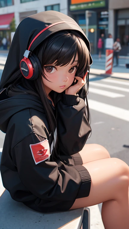 1girl, solo, headphones, long_hair, black_hair, hood, looking_at_viewer, hoodie, lips, brown_eyes, blurry, sitting, hood_down, head_rest, closed_mouth, realistic