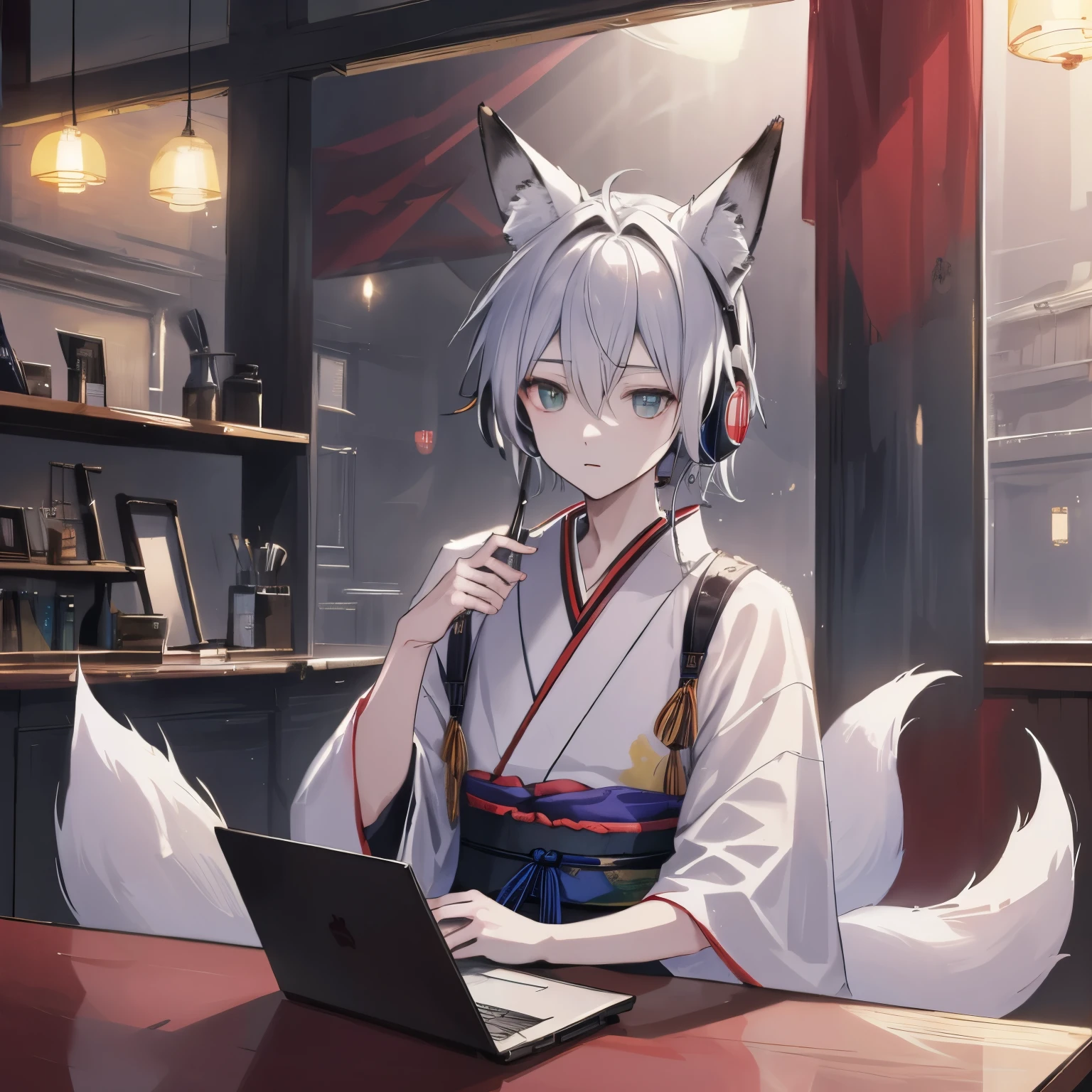 ((best quality)), ((masterpiece)), (detailed), perfect face boy、((best quality)), ((masterpiece)), (detailed), perfect face ((highest quality)), ((masterpiece)), (be familiar with),、morning、Studying in my room listening to the radio with headphones、kimono、Silver Hair、Fox&#39;s Tail、Fox Ears、Warm lighting、Reading a book、 Realistic person with headphones sitting at a table with a laptop, praise boy, praise artstyle, praise art, praise vibes, praise feel, praise hip hop, praise, Chill Hop, praise girl aesthetic, praise portrait, praise vibe, praise cores, Anime atmosphere, The aesthetics of the lofi
