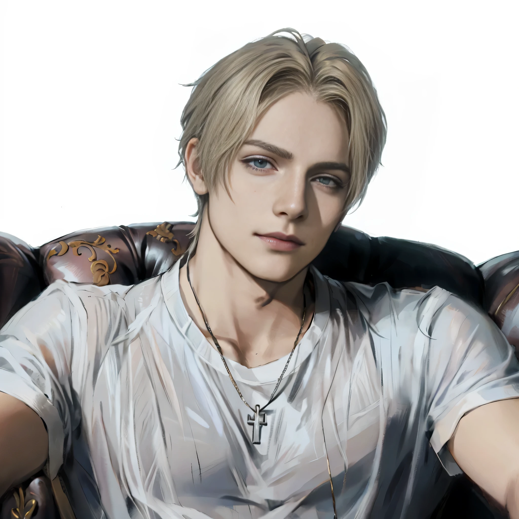 There's a man sitting on a couch with a remote control, Juan Liebert mixed with alucard, Juan Liebert mixed with dante, Juan Liebert, delicate androgynous prince, beautiful androgynous prince, xqc, handsome boy in Demon Slayer art, cai xukun, sakimichan frank franzzeta, high quality portrait, male anime character