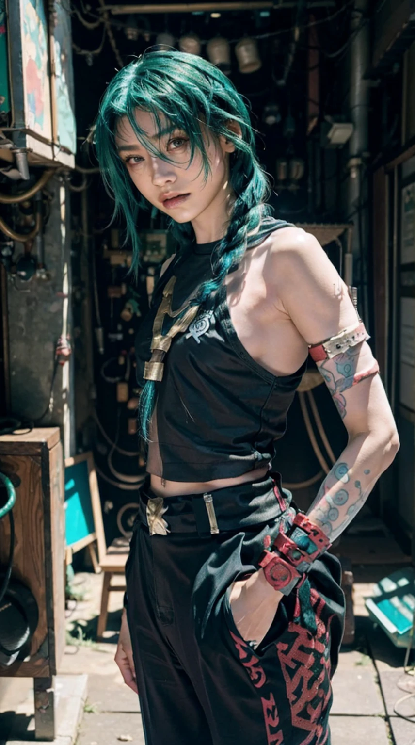 jinx arcano, uma mulher com cabelo verde e tatuagens, mulher cyberpunk mulher anime, pants, Deusa cyberpunk raivosa bonita, estilo de arte cyberpunk, arte digital de anime cyberpunk, arte de anime cyberpunk, Arcane Jinx Retrato, arte de anime cyberpunk, arte com tema cyberpunk, cyberpunk fantasia sombria, estilo arcano, 1 garota, stars tattoo on arm, asymmetrical bangs, faixa, cabelo verde, Green braids, camisa marrom, tatuagem de estrelas, lateralmente, cabelo verde, cabelo longo, olhos cor de rosa, Red lips, standing , tatuagem de nuvem, twin braids. Jinx de arcano. Garota de cabelo verde, garota de twin braids, Jinx em um lugar em chamas, Fagulha, esferas de luz, movie poster, Jinx, Arcane\(Liga das Lendas\