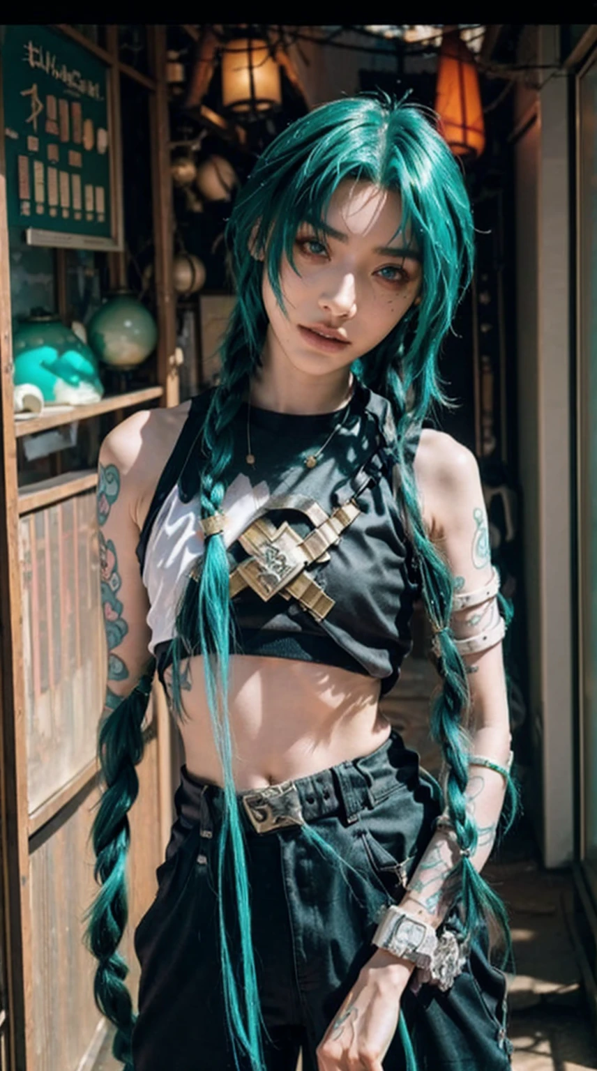 jinx arcano, uma mulher com cabelo verde e tatuagens, mulher cyberpunk mulher anime, pants, Deusa cyberpunk raivosa bonita, estilo de arte cyberpunk, arte digital de anime cyberpunk, arte de anime cyberpunk, Arcane Jinx Retrato, arte de anime cyberpunk, arte com tema cyberpunk, cyberpunk fantasia sombria, estilo arcano, 1 garota, stars tattoo on arm, asymmetrical bangs, faixa, cabelo verde, Green braids, camisa marrom, tatuagem de estrelas, lateralmente, cabelo verde, cabelo longo, olhos cor de rosa, Red lips, standing , tatuagem de nuvem, twin braids. Jinx de arcano. Garota de cabelo verde, garota de twin braids, Jinx em um lugar em chamas, Fagulha, esferas de luz, movie poster, Jinx, Arcane\(Liga das Lendas\