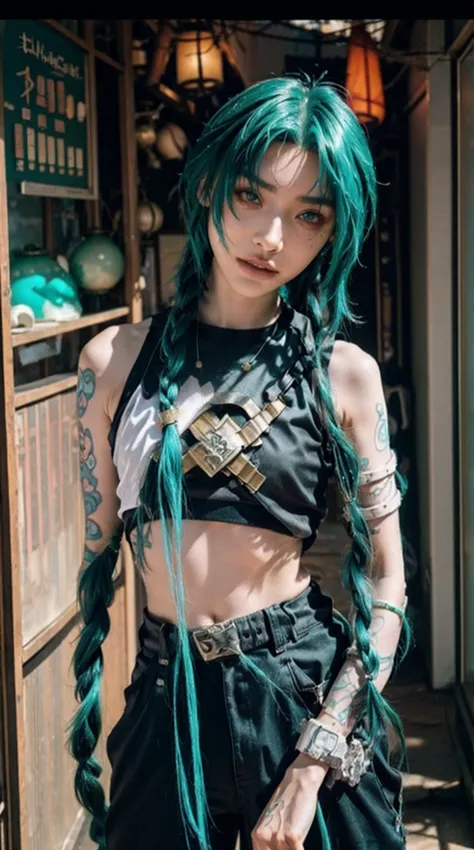 jinx arcano, uma mulher com cabelo verde e tatuagens, mulher cyberpunk mulher anime, pants, Deusa cyberpunk raivosa bonita, esti...