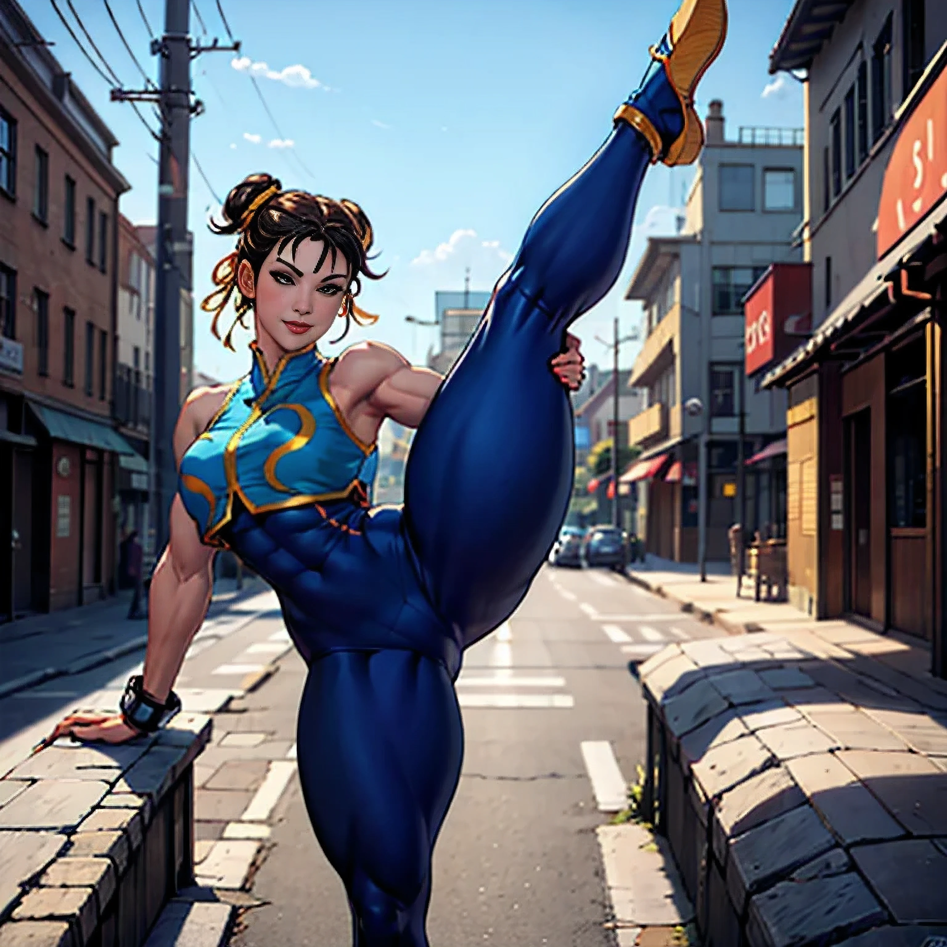 (masterpiece, best quality:1.4), (standing on one leg:1.2), (standing split:1.3), 1girl, solo, sfa chun, blue vest, unitard, blue pants, skintight, yellow ribbon, short hair, sneakers, bare shoulders, looking at viewer, beautifull smile, beautiful face, highly detailed face, highly detailed eyes, subsurface scattering, realistic pupils, full face blush, full lips, detailed background, depth of field, volumetric lighting, sharp focus, absurdres, realistic proportions, 16k hdr, fullbody, hand holding one leg up, street fighter, musclar, abs, flexible, dojo, toned, musclar legs, detailed legs, detailed body