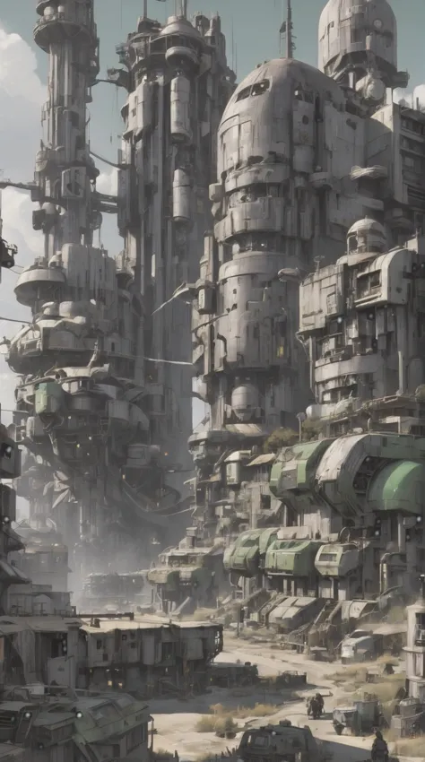 Fallout sci-fi city, sci-fi military city, white black purple and olive green colors