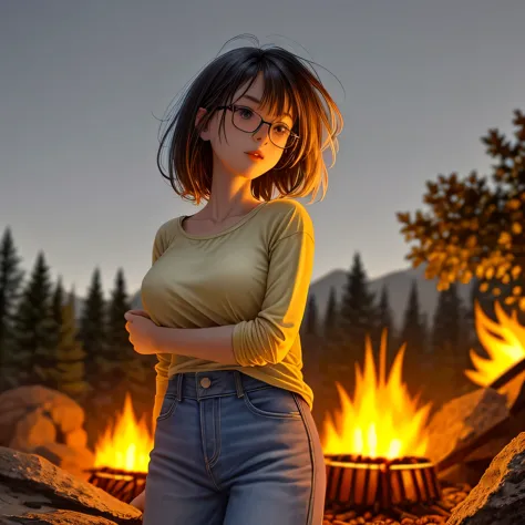 solo, female, standing near, campfire, (smoky wind), flannel shirt, jeans, scruffy beard, carbonated glasses, marshmallow in han...