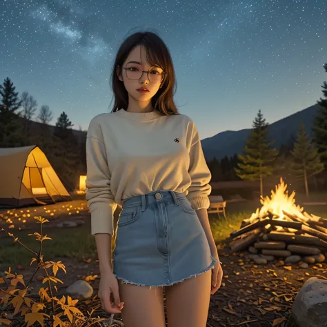 solo, female, standing near, campfire, (smoky wind), flannel shirt, jeans, scruffy beard, carbonated glasses, marshmallow in han...