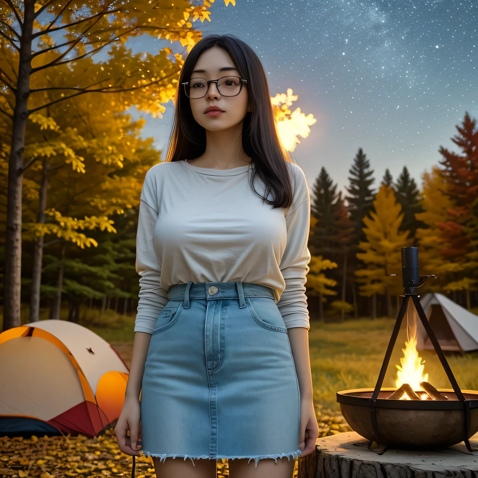 Solo, female, standing near, campfire, (smoky wind), flannel shirt, jeans, scruffy beard, carbonated glasses, marshmallow in hand, night sky above, orange and yellow leaves surrounding, autumn scene, camping gear nearby, crackling sound of the fire, peaceful, by Bebebebebe, by Spikes, By Darkgem, by Mystic Fox 61, by Chunie, deep focus, warm light from the fire illuminating the face, detailed shadows, clear night sky, stars twinkling, crisp autumn air, nostalgic atmosphere, (explicit content, adult, nsfw), high contrast, cinematic, denim middle skirt