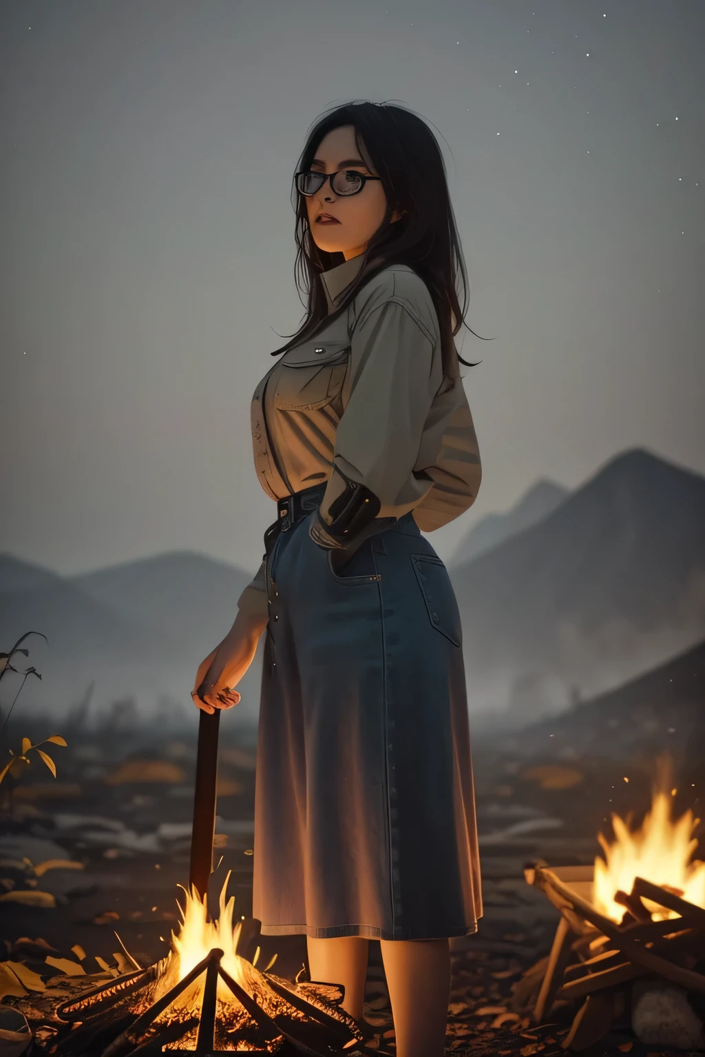 Solo, female, standing near, campfire, (smoky wind), flannel shirt, jeans, scruffy beard, carbonated glasses, marshmallow in hand, night sky above, orange and yellow leaves surrounding, autumn scene, camping gear nearby, crackling sound of the fire, peaceful, by Bebebebebe, by Spikes, By Darkgem, by Mystic Fox 61, by Chunie, deep focus, warm light from the fire illuminating the face, detailed shadows, clear night sky, stars twinkling, crisp autumn air, nostalgic atmosphere, (explicit content, adult, nsfw), high contrast, cinematic, denim middle skirt