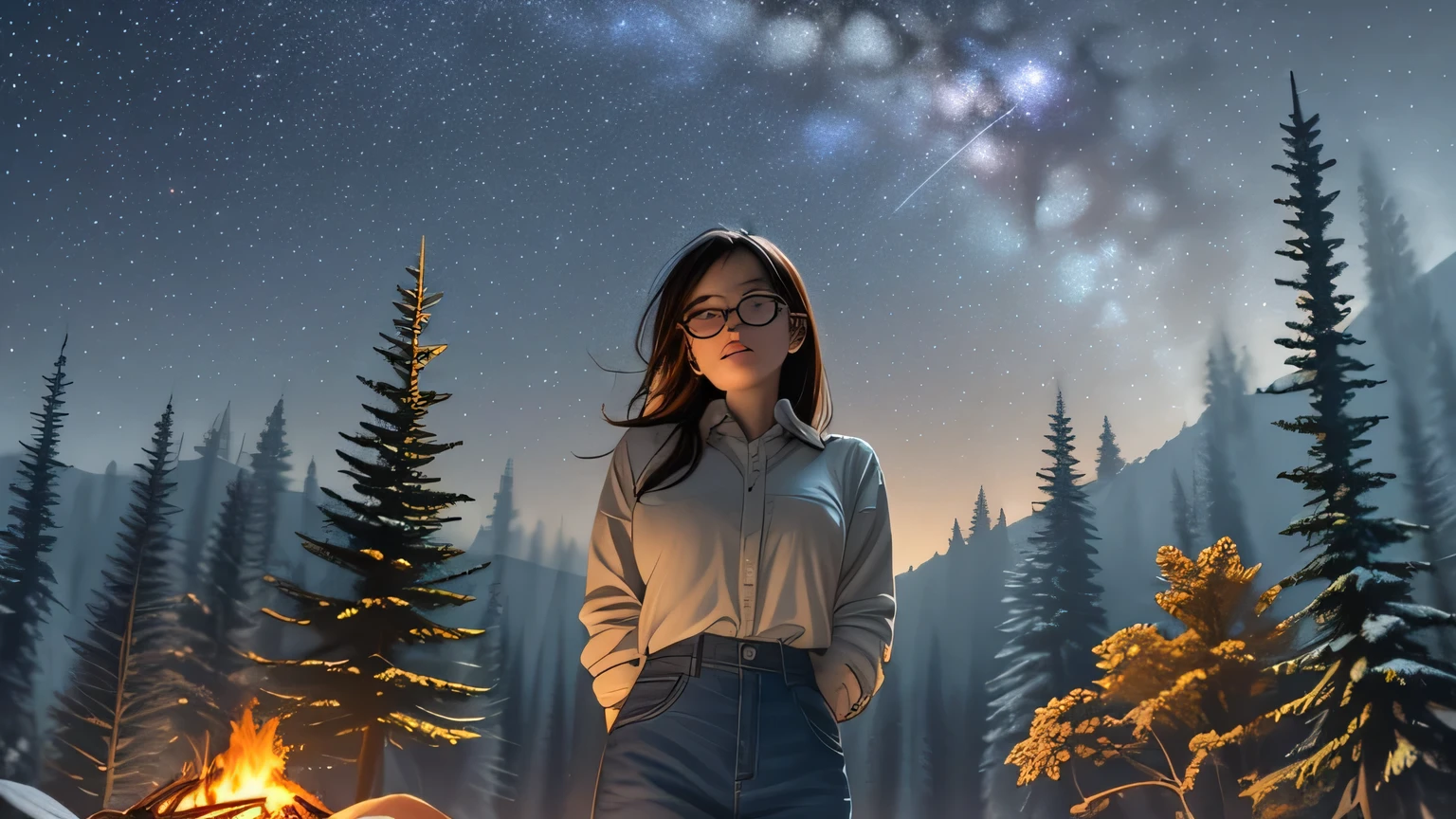 Solo, female, standing near, campfire, (smoky wind), flannel shirt, jeans, scruffy beard, carbonated glasses, marshmallow in hand, night sky above, orange and yellow leaves surrounding, autumn scene, camping gear nearby, crackling sound of the fire, peaceful, by Bebebebebe, by Spikes, By Darkgem, by Mystic Fox 61, by Chunie, deep focus, warm light from the fire illuminating the face, detailed shadows, clear night sky, stars twinkling, crisp autumn air, nostalgic atmosphere, (explicit content, adult, nsfw), high contrast, cinematic, denim middle skirt